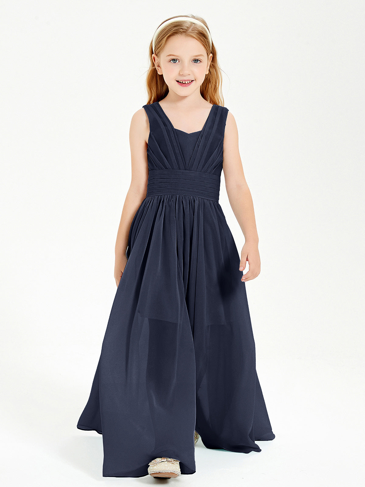 Long V-neck Junior Bridesmaid Dresses Dark Navy